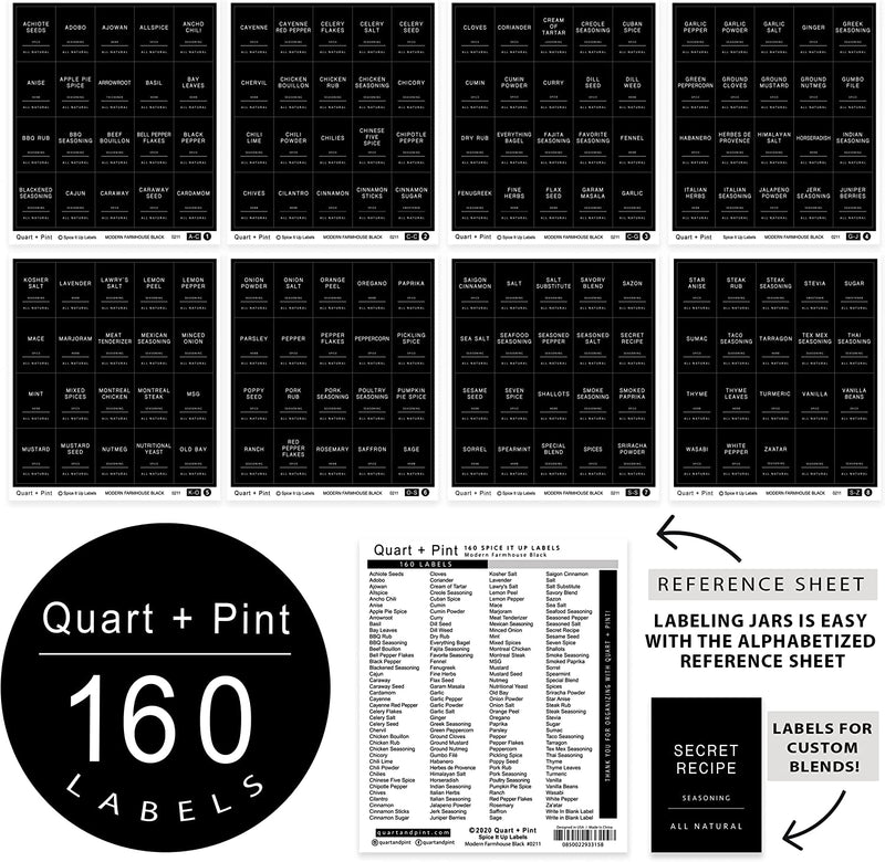 Quart + Pint 160 Spice Jar Labels: Minimalist Matte Black Sticker White Text. Waterproof Stickers. Organization for Jars Bottles Containers Bins. Storage Rack Systems for Kitchen & Pantry Labels. Home & Garden > Decor > Decorative Jars Quart + Pint   