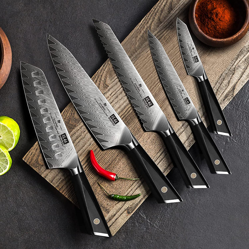 Damascus Kitchen Knife Set, SHAN ZU 7-Piece Professional Knife Sets for Chefs, Japanese AUS-10V Super Steel with G10 Handle Knife Block Set, GYO Series