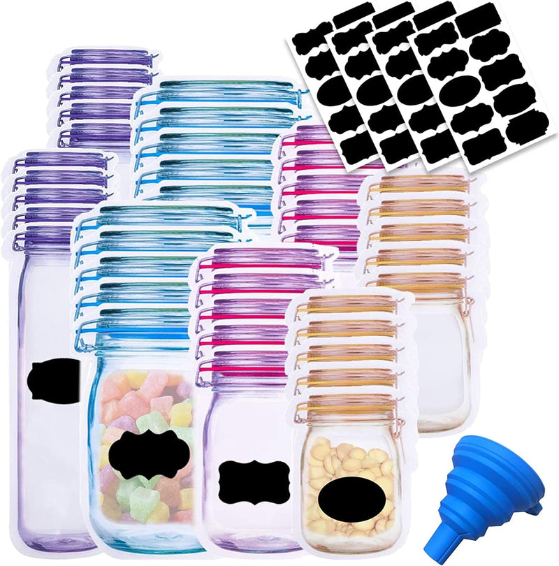 81 Pcs Reusable Mason Jar Bags Food Storage Plastic Bags Multi-Size Fresh Leak Proof Sandwich Snack Zipper Bags with Chalkboard Label Sticker Silicone Funnel for Kitchen Camping Travel Office Home & Garden > Decor > Decorative Jars Jcutelry colorful-4 styles  