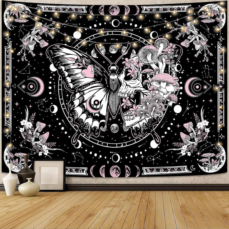 Fungarth Skeleton Butterfly Tapestry Skull Botanical Moon Flower Mushroom Tapestry Bedroom Hippie Pink Plant Aesthetic Tapestries Wall Hanging for Living Room Dorm (Pink, 60” X 44”)