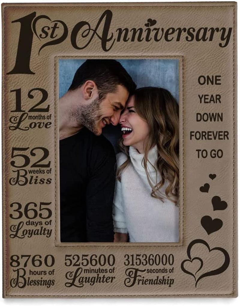 KATE POSH Our First (1St) Anniversary Engraved Leather Picture Frame - Gifts for Couple, Gifts for Him, Gift for Her, Paper, Photo Frame, First Wedding (5X7-Horizontal) Home & Garden > Decor > Picture Frames KATE POSH 4x6-Vertical (Tan)  