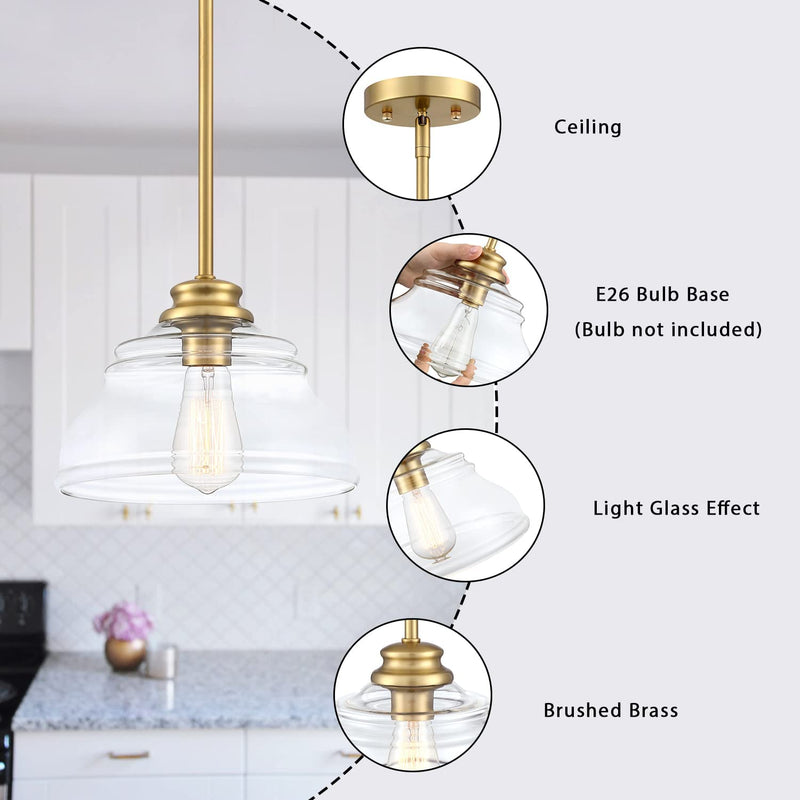 MEXO Industrial Pendant Lighting Fixture Clear Glass Shade Pendant Farmhouse 10" Close to Ceiling Lights Brushed Gold Hanging Chandelier for Hallway Bedroom, Kitchen Entryway Home & Garden > Lighting > Lighting Fixtures Mexo   