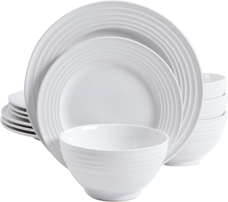 Gibson Home - 102274.12RM Gibson Home 12 Piece Plaza Cafe round Dinnerware Set with Embossed Stoneware, White - Home & Garden > Kitchen & Dining > Tableware > Dinnerware Gibson White  