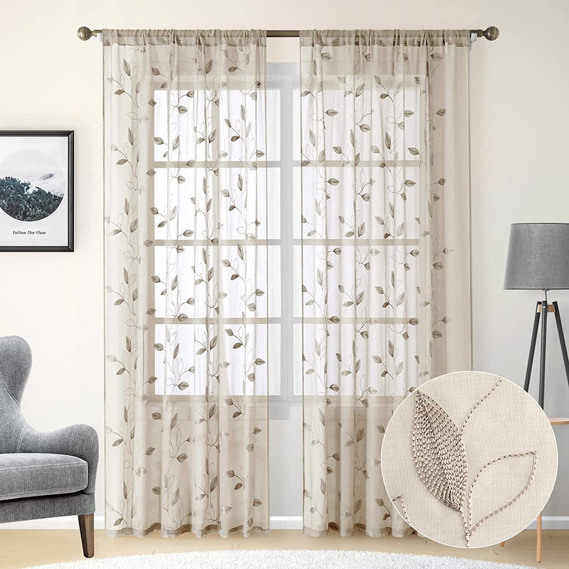 HOMEIDEAS Sage Green Sheer Curtains 52 X 84 Inches Long 2 Panels Embroidered Leaf Pattern Pocket Faux Linen Floral Semi Sheer Voile Window Curtains/Drapes for Bedroom Living Room Sporting Goods > Outdoor Recreation > Fishing > Fishing Rods HOMEIDEAS 2-taupe/Beige W52" X L84" 
