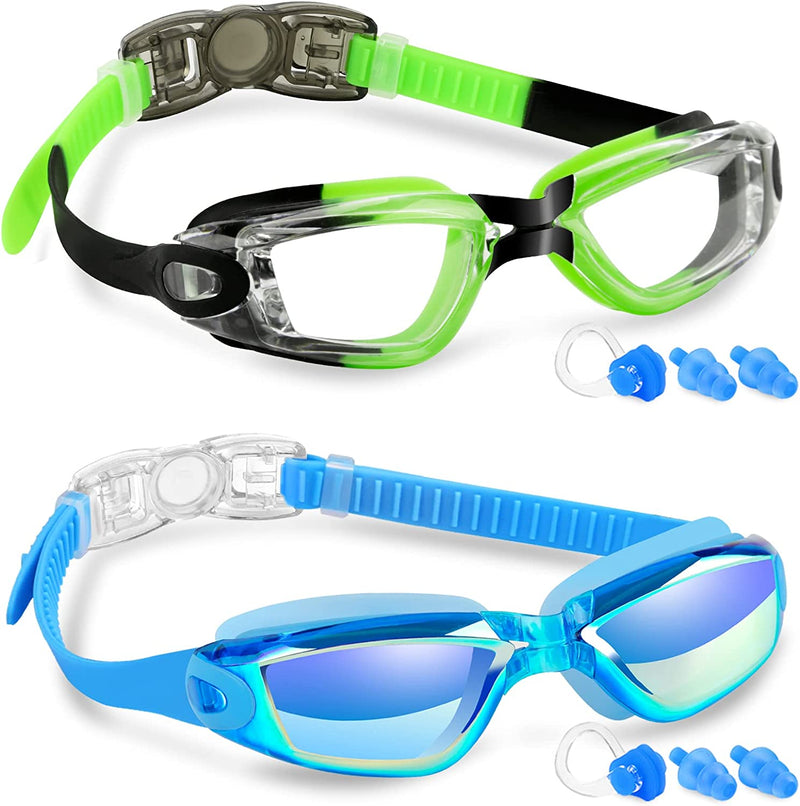 Elimoons Kids Swim Goggles for Child Teen Boys Age 6-15, anti Fog No Leak-2Pack Sporting Goods > Outdoor Recreation > Boating & Water Sports > Swimming > Swim Goggles & Masks Elimoons J.plating Blue+clear Black Green  