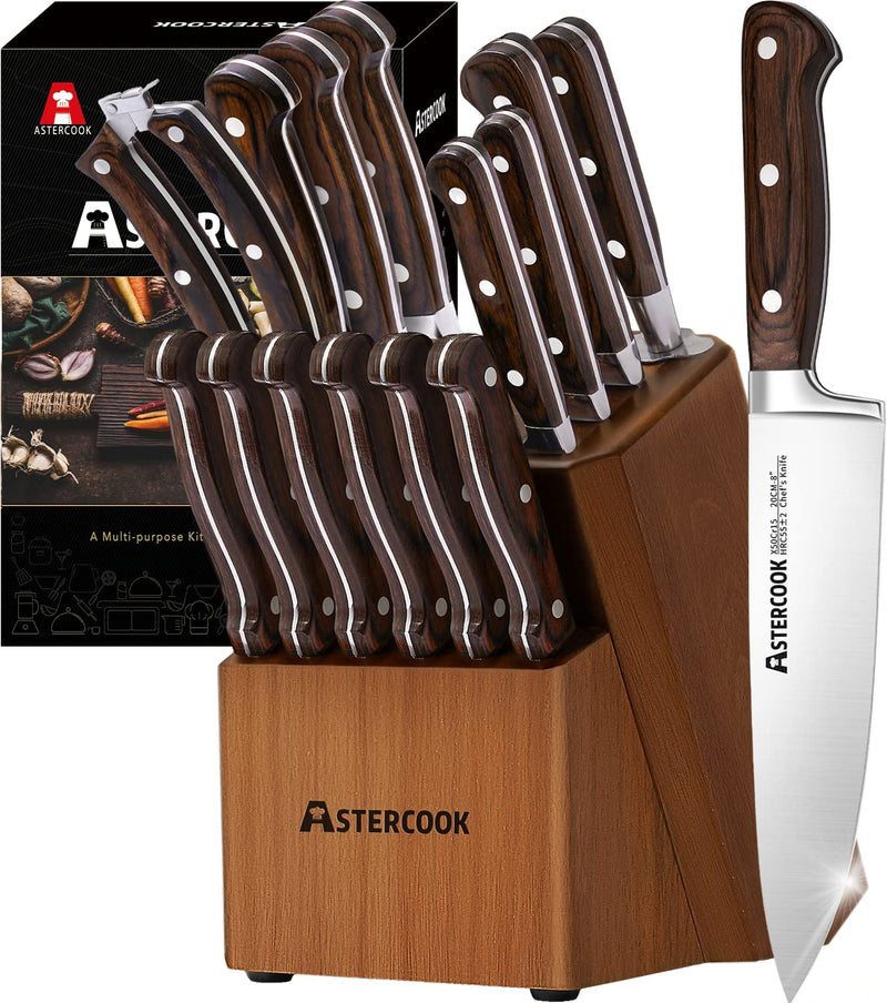 Knife Set, 15 Pcs Kitchen Knife Set with Block, Astercook German Stainless Steel with Scissors, Knife Sharpener and 6 Serrated Steak Knives Home & Garden > Kitchen & Dining > Kitchen Tools & Utensils > Kitchen Knives Astercook Brown  