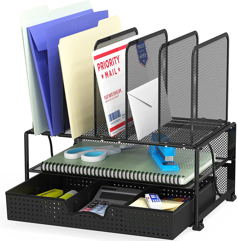 Simplehouseware Mesh Desk Organizer with Sliding Drawer, Double Tray and 5 Upright Sections, Black Home & Garden > Household Supplies > Storage & Organization Simple Houseware Black  