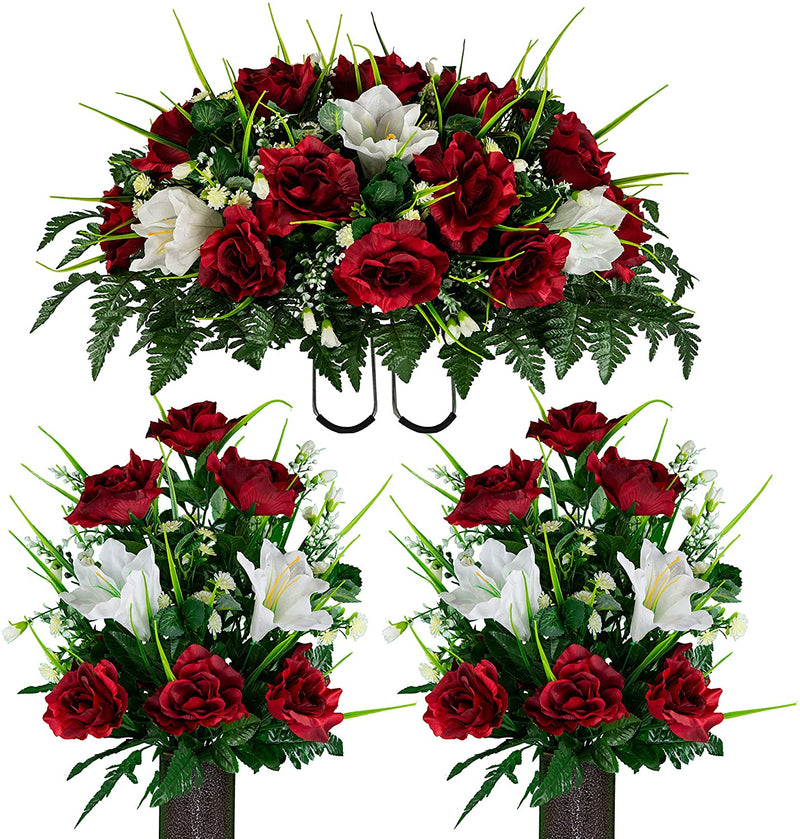Sympathy Silks Artificial Cemetery Flowers – Realistic- Outdoor Grave Decorations - Non-Bleed Colors, and Easy Fit - Lavender Amaryllis & Purple Rose Saddle for Headstone Home & Garden > Decor > Seasonal & Holiday Decorations Rubys Silk Flowers Red 2 Bouquets & Saddle 