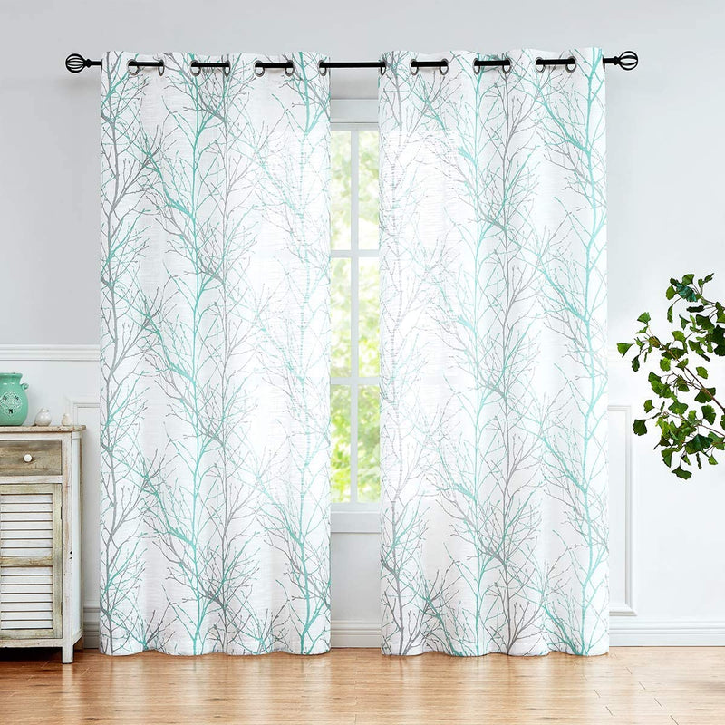 FMFUNCTEX Branch White Curtains 84” for Living Room Grey and Auqa Bluetree Branches Print Curtain Set Wrinkle Free Thick Linen Textured Semi-Sheer Window Drapes for Bedroom Grommet Top, 2 Panels Home & Garden > Decor > Window Treatments > Curtains & Drapes FMFUNCTEX Aqua Blue 50" x 63" 