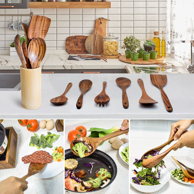 Kitchen Utensil Set, Non-Stick Cookware Kitchen Tool Wooden Cooking Spoons Natural Acacia Wood, Spoon and Spatula, Wooden Spoon for Salad Fork.