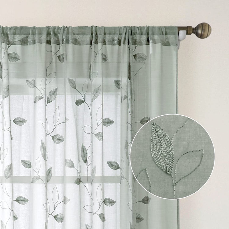 HOMEIDEAS White Sheer Curtains 52 X 63 Inches Length 2 Panels Embroidered Leaf Pattern Pocket Faux Linen Floral Semi Sheer Voile Window Curtains/Drapes for Bedroom Living Room Home & Garden > Decor > Window Treatments > Curtains & Drapes HOMEIDEAS 1-sage Green W52" X L96" 