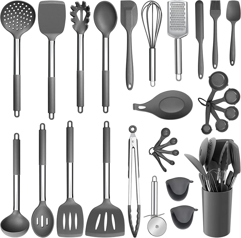 Silicone Cooking Utensils Set, E-Far 14-Piece Black Kitchen Utensils Set with Holder, Kitchen Tools Spatulas with Stainless Steel Handle for Non-Stick Cookware, Heat Resistant & Dishwasher Safe Home & Garden > Kitchen & Dining > Kitchen Tools & Utensils E-far Gray 30 