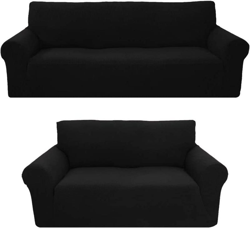 Sapphire Home 3-Piece Brushed Premium Slipcover Set for Sofa Loveseat Couch Arm Chair, Form Fit Stretch, Wrinkle Free, Furniture Protector Set for 3/2/1 Cushion, Polyester Spandex, 3Pc, Brushed, Brown Home & Garden > Decor > Chair & Sofa Cushions Sapphire Home Black 2pc set (Sofa, Love) 