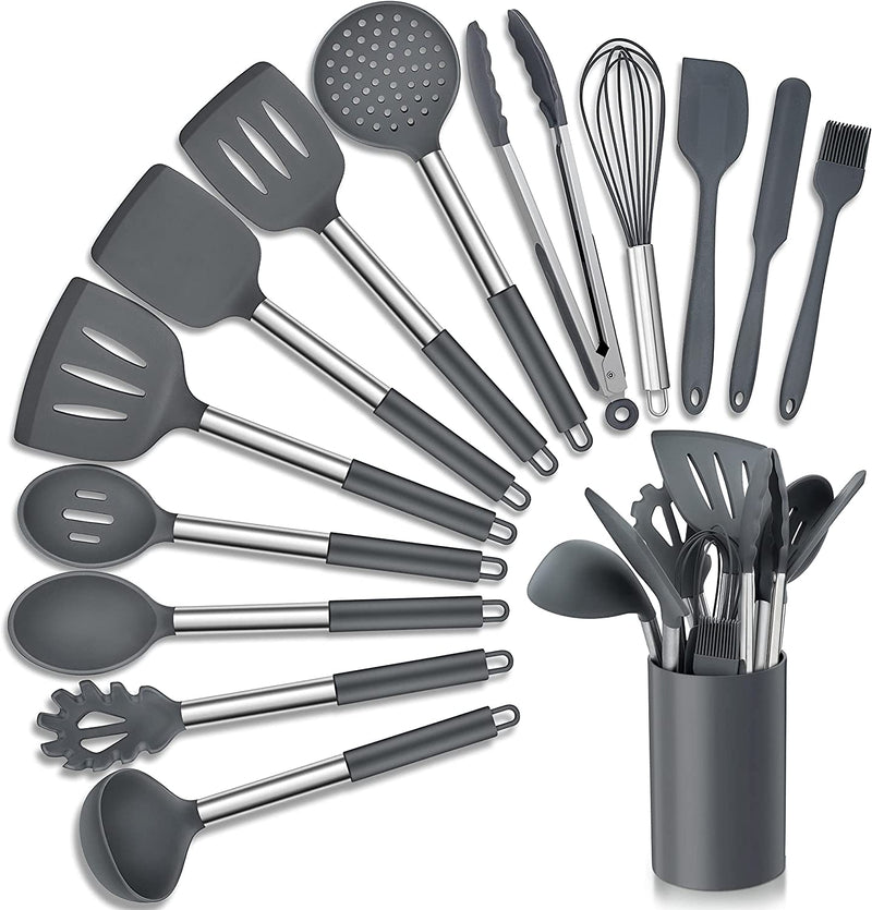 Homikit 27 Pieces Silicone Cooking Utensils Set with Holder, Kitchen Utensil Sets for Nonstick Cookware, Black Kitchen Tools Spatula with Stainless Steel Handle, Heat Resistant Home & Garden > Kitchen & Dining > Kitchen Tools & Utensils Homikit Gray 14-Piece 