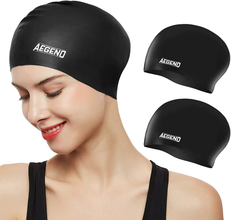 Aegend Swim Caps for Long Hair (2 Pack), Durable Silicone Swimming Caps for Women Men Adults Youths Kids, Easy to Put on and Off, 4 Colors Sporting Goods > Outdoor Recreation > Boating & Water Sports > Swimming > Swim Caps Aegend Black Black  