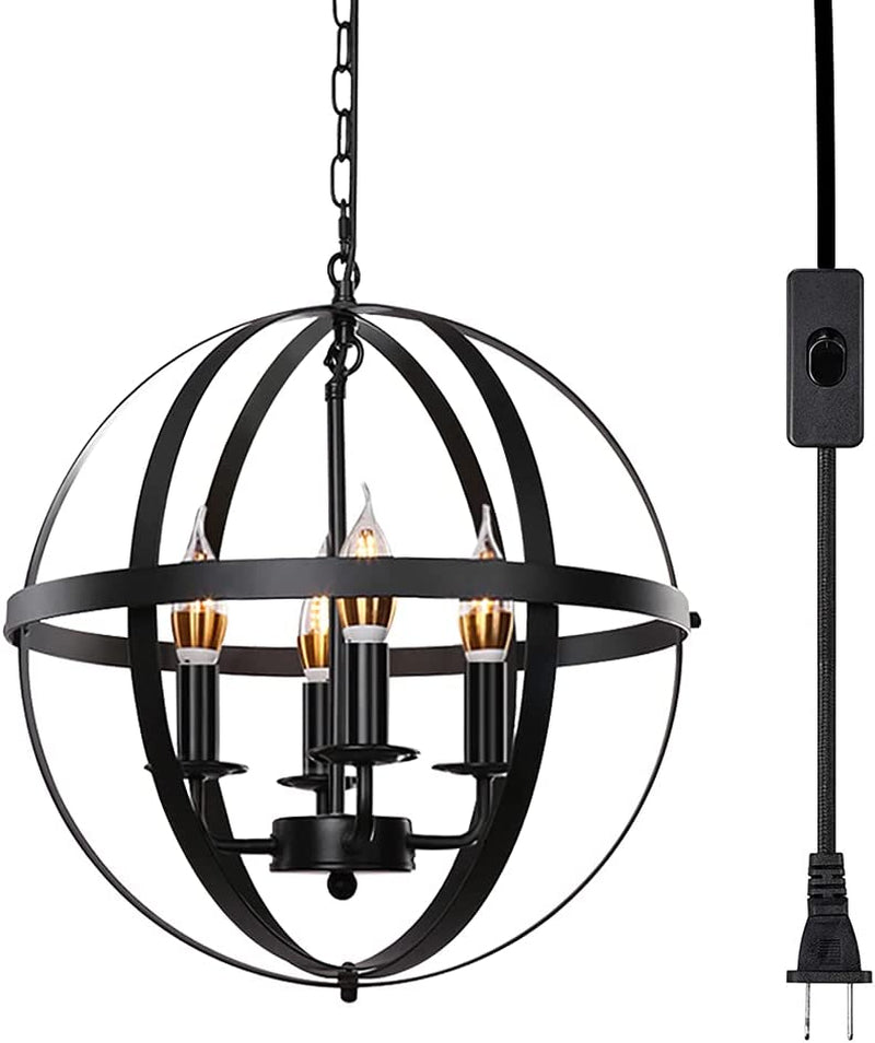 Lika 4-Light Plug in Farmhouse Chandeliers, Rustic Industrial Light Fixture with Spherical Shade, Black Pendant Lighting with 16.8 Ft Cord for Dining Room, Kitchen Island, Foyer Home & Garden > Lighting > Lighting Fixtures > Chandeliers xuzhenBusiness Plug-in  
