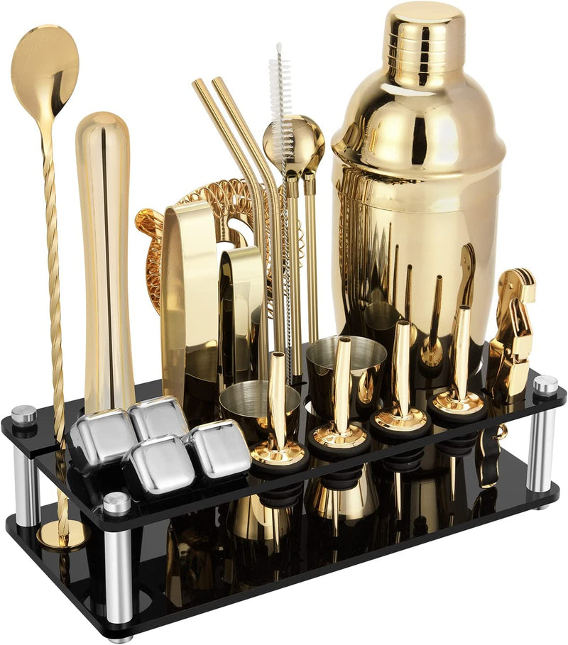 Cocktail Shaker Set, 23-Piece Stainless Steel Bartender Kit with Acrylic Stand & Cocktail Recipes Booklet, Professional Bar Tools for Drink Mixing, Home, Bar, Party (Include 4 Whiskey Stones) Home & Garden > Kitchen & Dining > Barware KINGROW Gold  
