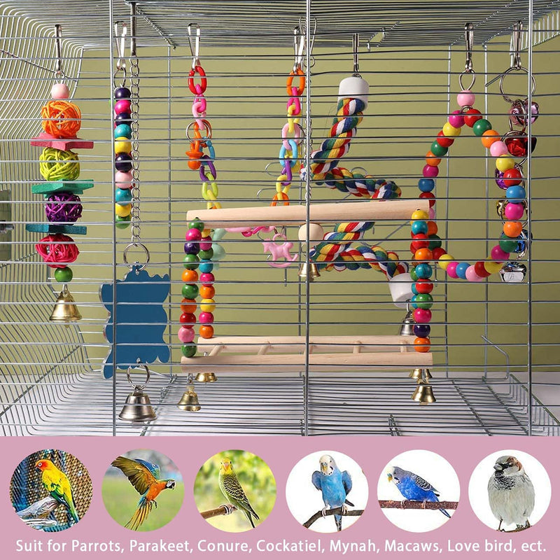 Bird Toys Parrot Swing Toy with Colorful Wooden Beads Bells and Pet Bird Cage Hanging Chew Toys for Small Parakeets Cockatiels, Conures, Macaws, Lovebirds, Finches 8PCS Animals & Pet Supplies > Pet Supplies > Bird Supplies > Bird Toys ACEONE   