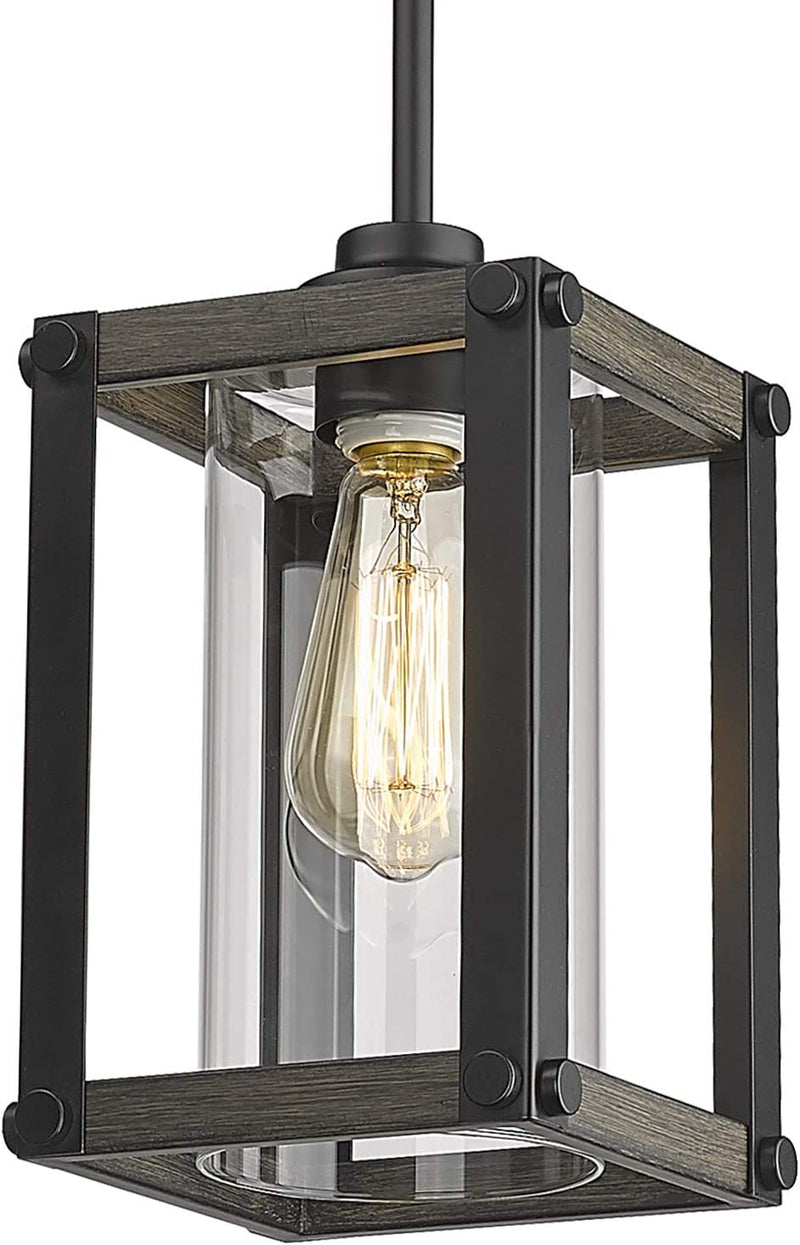 Osimir Farmhouse Glass Pendant Light, 1 Light Cage Hanging Pendant Lighting for Kitchen Island with Clear Glass Shade in Wood and Black Finish, Adjustable Length, CH9180-1A Home & Garden > Lighting > Lighting Fixtures Osimir   