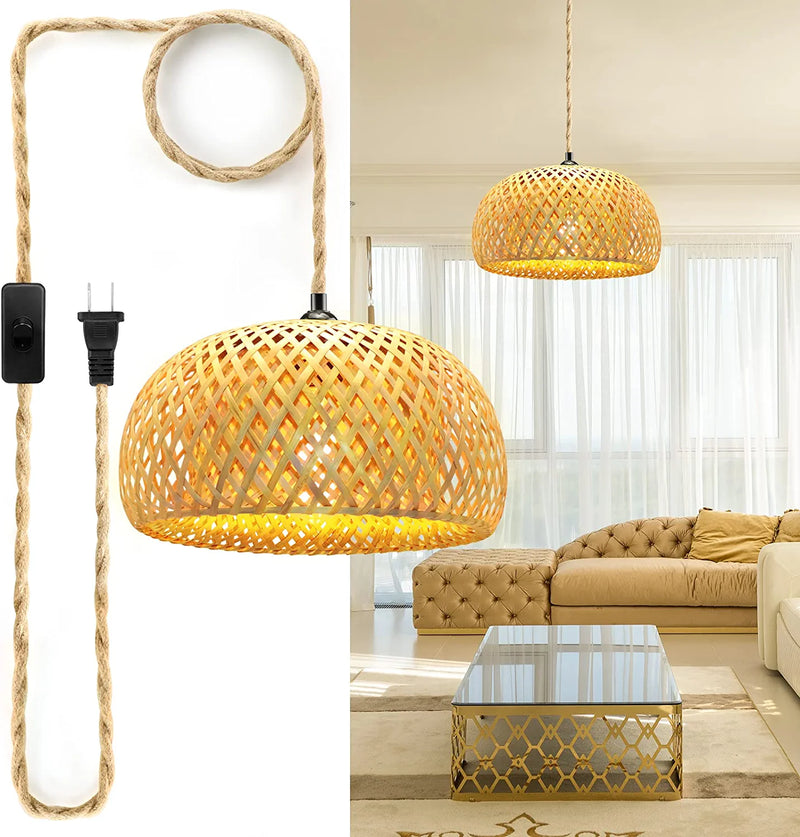Plug in Pendant Light, 3 Color Bulb Pendant Light Fixtures, Hanging Light with 15 Ft Hemp Rope Cord On/Off Switch, Bamboo Lamp Shade Wicker Rattan Hanging Lights Fixture for Bedroom, Kitchen Island Home & Garden > Lighting > Lighting Fixtures Beser·Win Plug in  