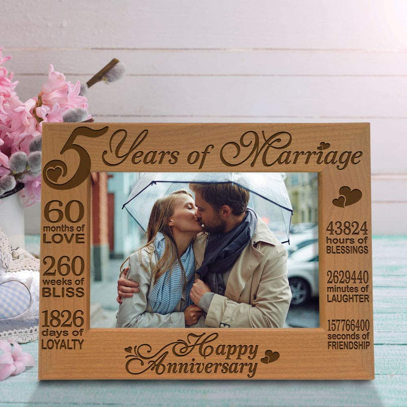 KATE POSH - 5 Years of Marriage Photo Frame - Happy 5Th Wood - Engraved Natural Solid Wood Picture Frame (5X7-Horizontal) Home & Garden > Decor > Picture Frames Kate Posh   