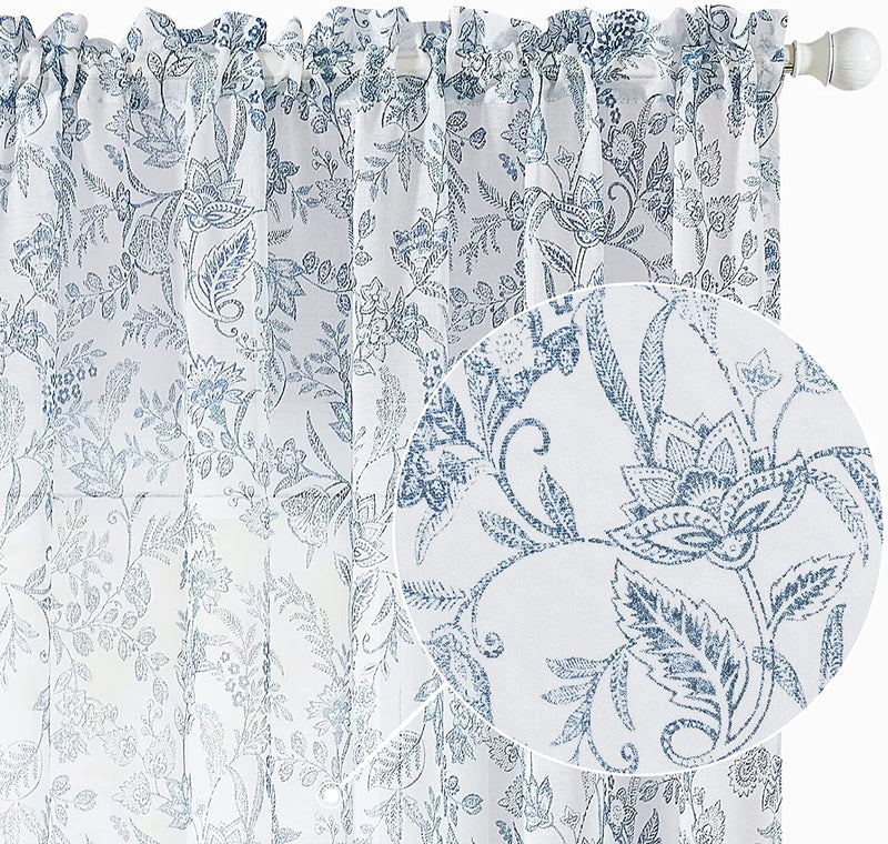 Lazzzy Sheer Curtains 63 Inch Length 2 Panels Set Farmhouse Floral Curtains Living Room Laundry Room Dining Room Bedroom Curtains Window Treatments Rustic Semi Sheer Curtains Rod Pocket Blue on White Home & Garden > Decor > Window Treatments > Curtains & Drapes Lazzzy   