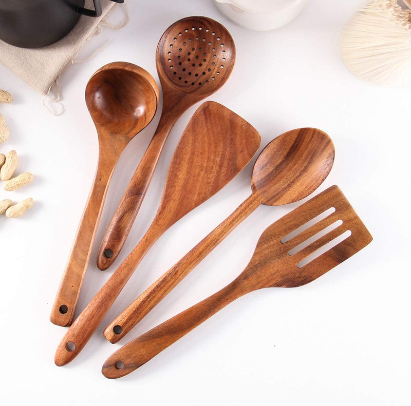 Healthy Cooking Utensils Set,Tmkit Wooden Cooking Tools and Storage Wooden Barrel- Natural Nonstick Hard Wood Spatula and Spoons - Durable Eco-Friendly and Safe Kitchen Cooking Spoon (Set of 6)