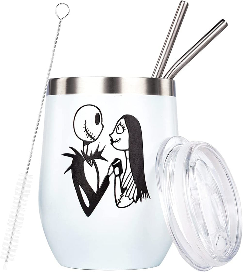 Nightmare before Christmas Wine Glass Tumbler, 12 Oz Stainless Steel Stemless Wine Tumbler Set, Double Wall Vacuum Insulated Wine with Cup with Sealing Lid and 2 Straws Gift for Couple (Black)