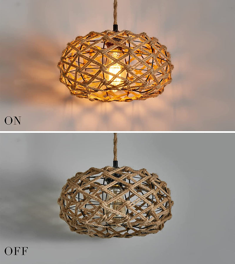 AMZASA Plug in Pendant Light Boho Woven Haning Lamp With15.1Ft Hemp Rope Cord,On/Off Switch Retro Coastal Wicker Rattan Cage Hanging Light for Kitchen Island Bedroom Living Room