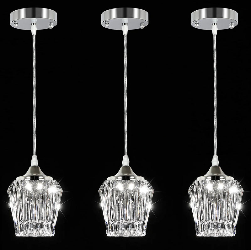 Modern Acrylic Crystal Pendant Light Fixture Ceiling, LED Hanging Lamp with 5000K Daylight White, Adjustable Pendant Lighting for Kitchen Island Living Room Restaurant, White Chrome Finished, 3-Pack