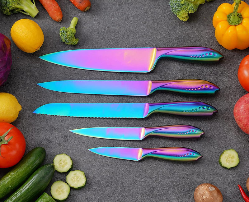 Kitchen Knife Set 5 Piece WELLSTAR, Razor Sharp German Stainless Steel Blade and Comfortable Handle with Rainbow Titanium Coated, Chef Carving Bread Utility Paring for Cutting and Peeling, Gift Box