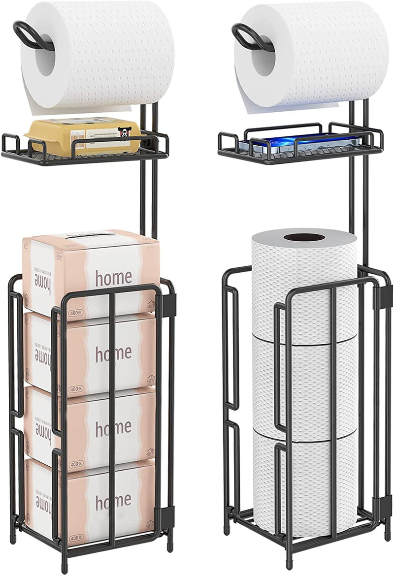 GILLAS Free Standing Toilet Paper Holder Stand, Bathroom Toilet Tissue Paper Roll Storage Holder with Shelf and Reserve for Bathroom Storage Holds Wipe, Mobile Phone, Mega Rolls, Black Home & Garden > Household Supplies > Storage & Organization GILLAS 2 Pack  