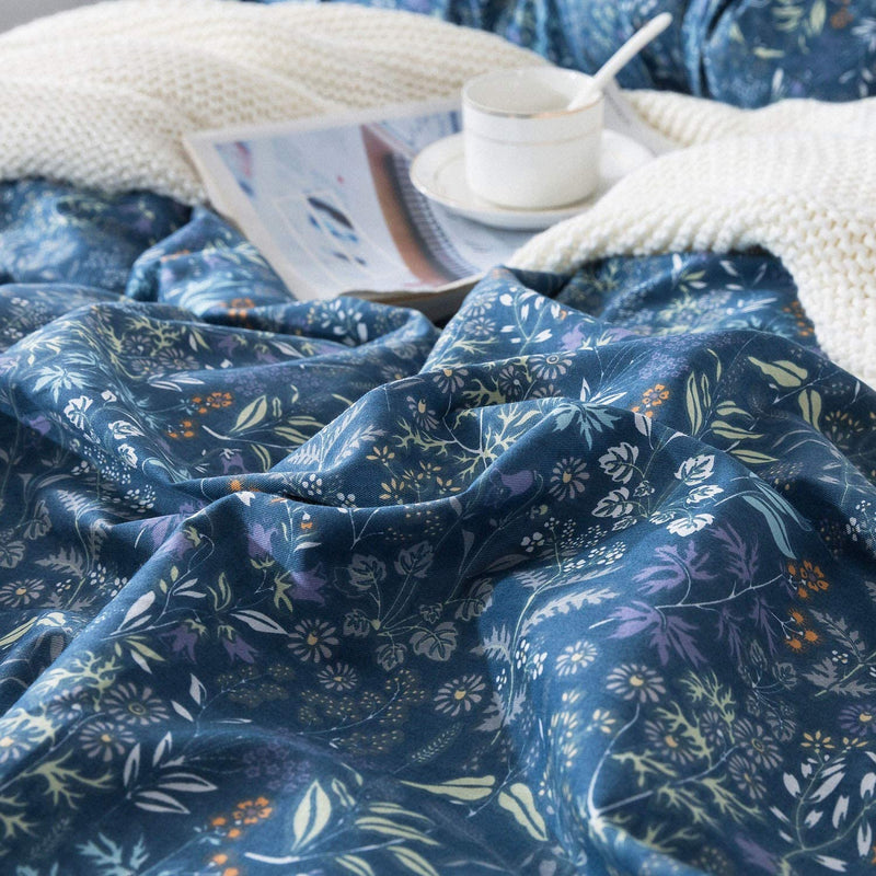Honeilife Cotton Duvet Cover Set - 100% Cotton Herbs Pattern Comforter Cover Set, Soft and Breathable Bedding Set with Zipper Closure & Corner Ties, 3Pcs(1Duvet Cover+2 Pillow Case)-Blueblack, King