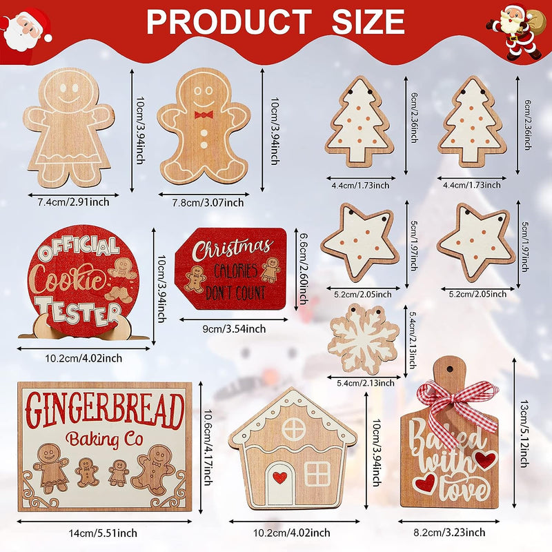 12Pcs Christmas Tiered Tray Decor Winter Table Gingerbread Snowmen Santa Decors Wooden Sign Decorations Xmas Tabletop Farmhouse Coffee Signs for Christmas Party Home Kitchen Holiday