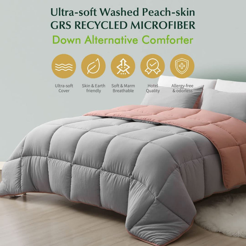 TOPGREEN Grey/Coral Reversible down Alternative Comforter, Full/Queen Bed Duvet Insert, All-Season Ultra-Soft Fluffy 275GSM Bio-Based Microfiber Quilted Duvet Comforter with Tabs, 90X90 Home & Garden > Linens & Bedding > Bedding > Quilts & Comforters TOPGREEN   