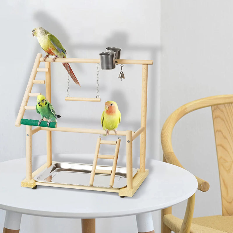 Ozzptuu Bird Playground Natural Wood Small/Medium Parrot Playstand Pet Bird Feeder Perch Stand with Seed Cups Ladder Hanging Swing