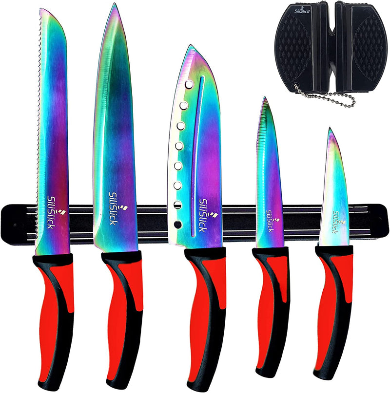 Stainless Steel Rainbow Knife Set - Titanium Coated Kitchen Starter Set with Utility Knife, Santoku, Bread, Chef, & Paring Knives with Black Sharpener Tool & Magnetic Mounting Rack - Silislick Home & Garden > Kitchen & Dining > Kitchen Tools & Utensils > Kitchen Knives SiliSlick® Red Handle | Black Rack  