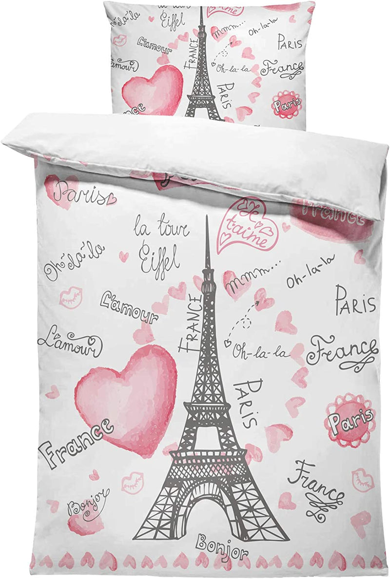 SHINICHISTAR Twin Size the Eiffel Tower Comforter Sets 3 Pieces Paris Bedding Set for Kids Teens Girls Heart France Bedroom Decor Home & Garden > Linens & Bedding > Bedding SHINICHISTAR Pink&white Twin 