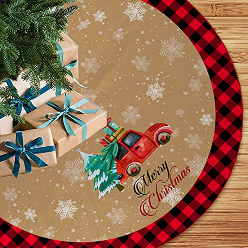 Christmas Tree Skirt Buffalo Plaid Xmas Tree Skirt Wirh Truck Merry Christmas Xmas Holiday Party Decorations 48 Inch Home & Garden > Decor > Seasonal & Holiday Decorations > Christmas Tree Skirts COWDIY   