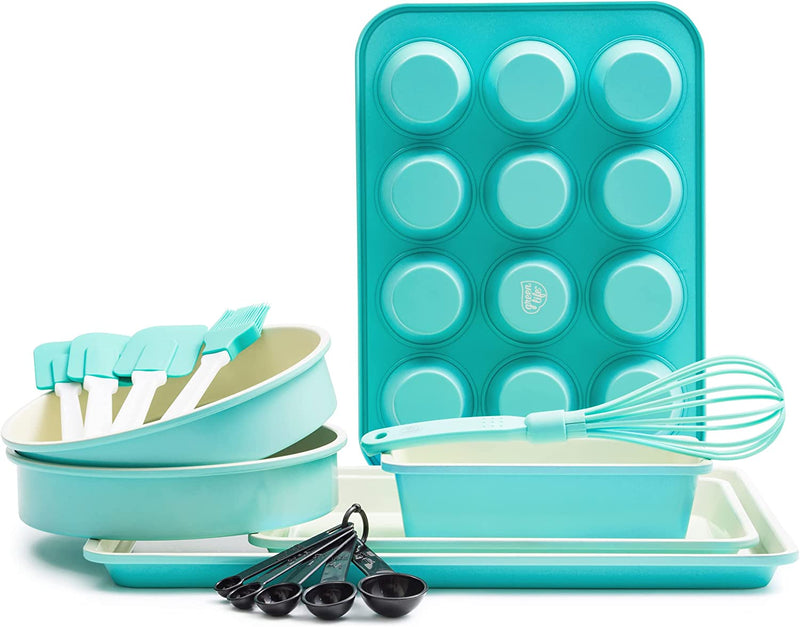 Greenlife Bakeware Healthy Ceramic Nonstick, 12 Piece Baking Set with Cookie Sheets Muffin Cake and Loaf Pans Including Utensils, Pfas-Free, Turquoise