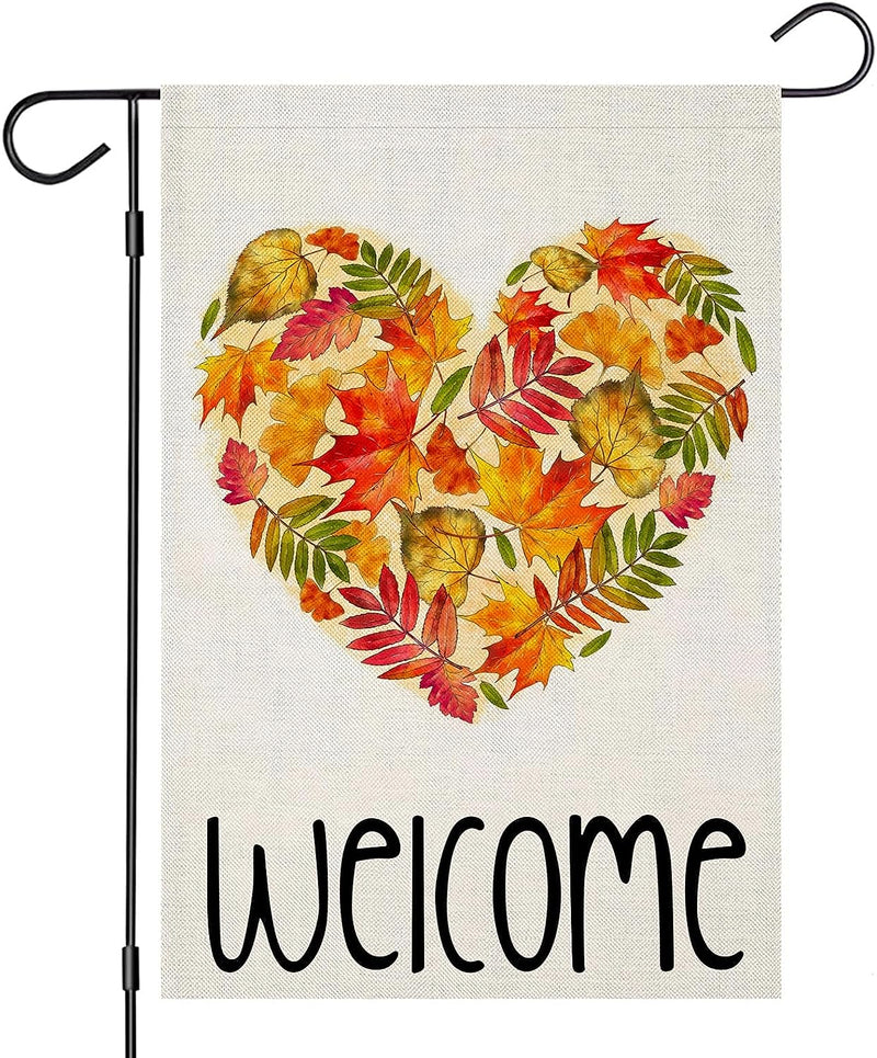 Hello Fall Garden Flags 12X18 Inch Double Sided, Seasonal Dog with Maple Leaves Pumpkins Scarf Small Yard outside Decorations, Harvest Autumn Thanksgiving Farmhouse Holiday Outdoor Décor  EKOREST Love Heart  