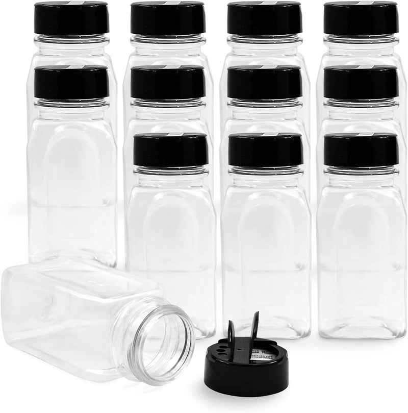 Royalhouse 12 Pack 9.5 Oz Plastic Spice Jars with Black Cap, Clear and Safe Plastic Bottle Containers with Shaker Lids for Storing Spice, Herbs and Seasoning Powders, Made in the USA Home & Garden > Decor > Decorative Jars RoyalHouse   