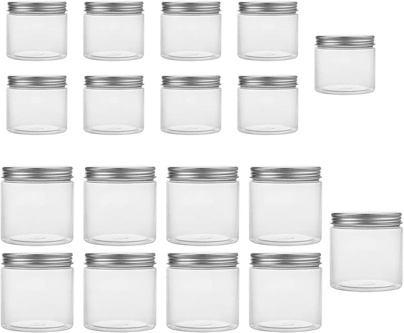Tebery 18 Pack Clear Plastic Jars Bottles Containers with Silver Metal Lids 12Oz & 5Oz Transparent Storage Container for Slime Kitchen Dry Goods and More Home & Garden > Decor > Decorative Jars Tebery   