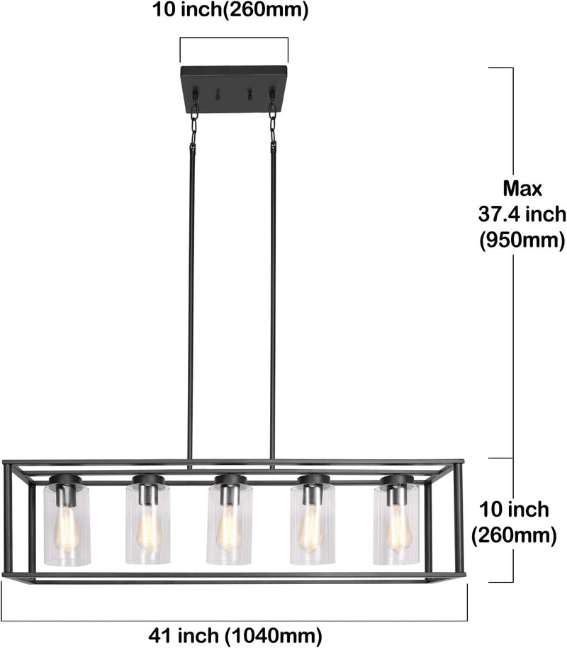 FIMITECH Chandeliers 5-Light Modern Rectangle Dining Room Lighting, Farmhouse Ceiling Light Kitchen Island Cage Pendant Lights and Adjustable Rods Fixtures Hanging with 5 Glass Shade (Black) Home & Garden > Lighting > Lighting Fixtures > Chandeliers FIMITECH   