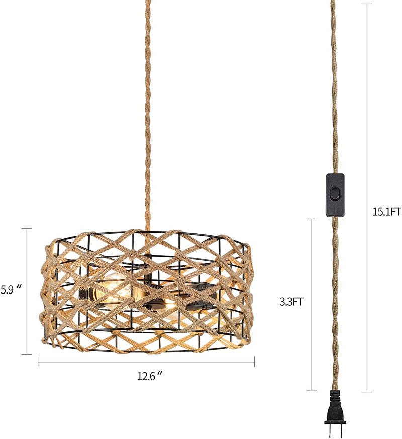 AMZASA Plug in Pendant Light Boho Woven Haning Lamp with 14.8FT Hemp Rope Cord,On/Off Switch Wicker Rattan Black Drum Cage Farmhouse Rustic Chandelier for Bedroom Living Room Dining Room Home & Garden > Lighting > Lighting Fixtures ASA   