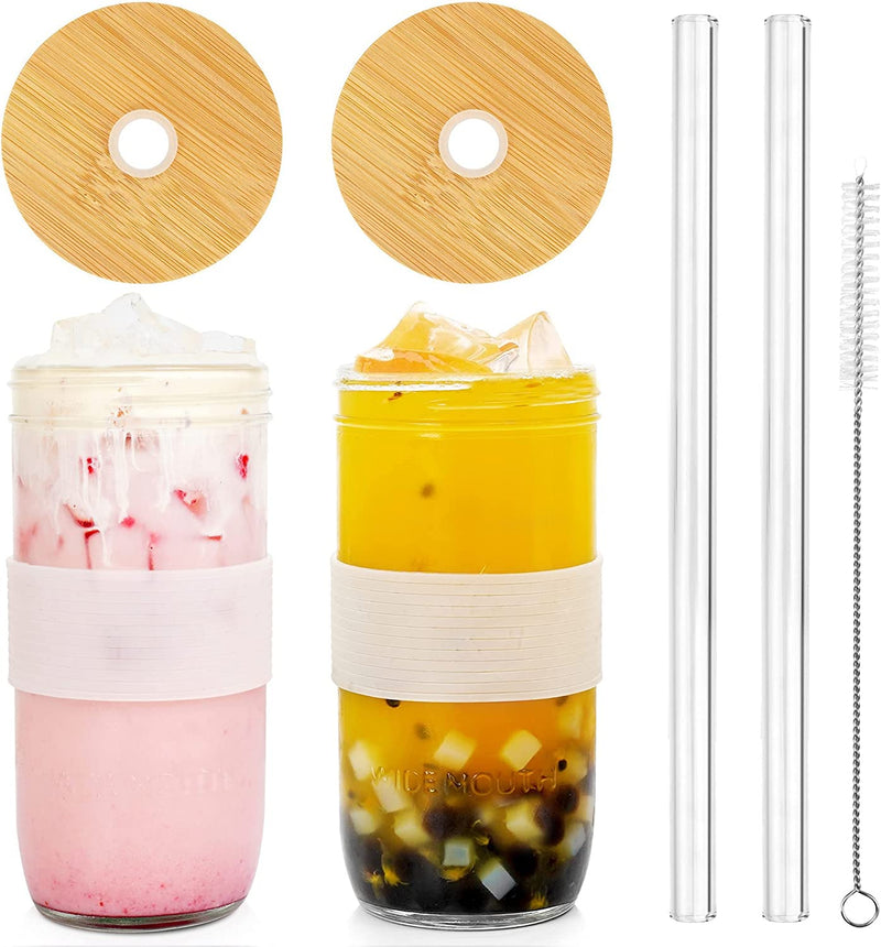Mason Jar with Lid and Straw, ANOTION 32Oz Wide Mouth Boba Cup Reusable Drinking Glasses Tumbler Smoothie Water Bottles for Iced Coffee Margaritas Ice Cream Juice Cocktail Travel Office Home Home & Garden > Kitchen & Dining > Tableware > Drinkware ANOTION 2 Jars: Upgrade Lid+Transparent Non-Slip Cover  