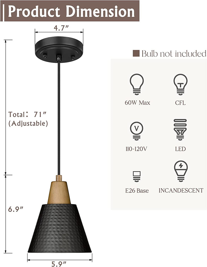 FEMILA Farmhouse Pendant Light, Moden Kitchen Pendant Lighting over Island, 1-Light Hanging Lamp with Hammered Metal Shade, Black,4Fg59Mil BK
