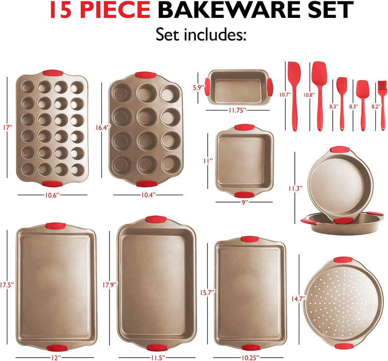 Eatex Nonstick Bakeware Sets with Baking Pans Set, 15 Piece Baking Set with Muffin Pan, Cake Pan & Cookie Sheets for Baking Nonstick Set, Steel Baking Sheets for Oven with Kitchen Utensils Set - Brown Home & Garden > Kitchen & Dining > Cookware & Bakeware EATEX   