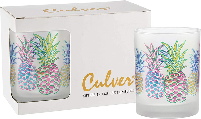 Culver Tropical Decorated Frosted Double Old Fashioned Tumbler Glasses, 13.5-Ounce, Gift Boxed Set of 2 (Pop Art Pineapples) Home & Garden > Kitchen & Dining > Barware Culver   