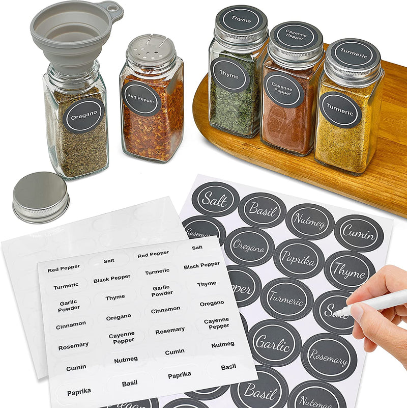 Spice Bottles Empty Glass with Labels 4 Oz - 36 Piece Spice Jars Spice Container Shaker Lids, Airtight Metal Caps and Chalkboard/Clear PVC Seasoning Labels, Chalk Marker & Collapsible Funnel Home & Garden > Decor > Decorative Jars HOLDN’ STORAGE   